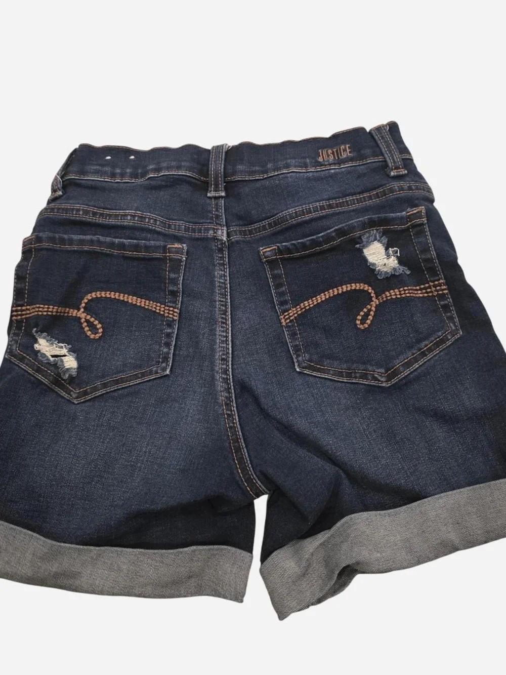 Justice Dark Blue Distressed Roll-Cuff Denim Shorts